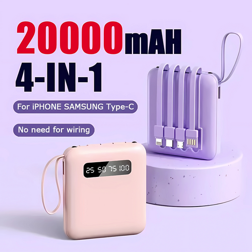 4-in-1 Mini Power Bank 20000mAh With 4 Cable Mobile External Battery Charger for iPhone Samsung Huawei Xiaomi Portable Powerbank